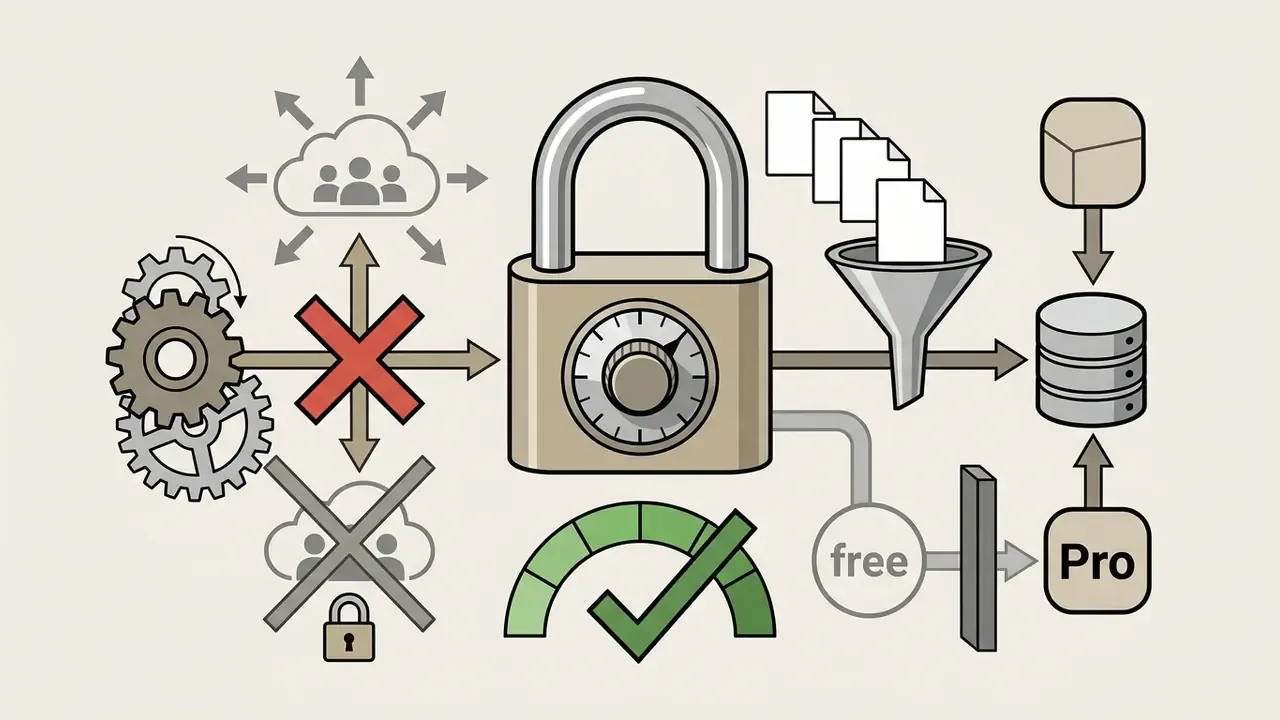 Gears and blocked cloud icons directing files through a locked padlock and funnel into storage databases