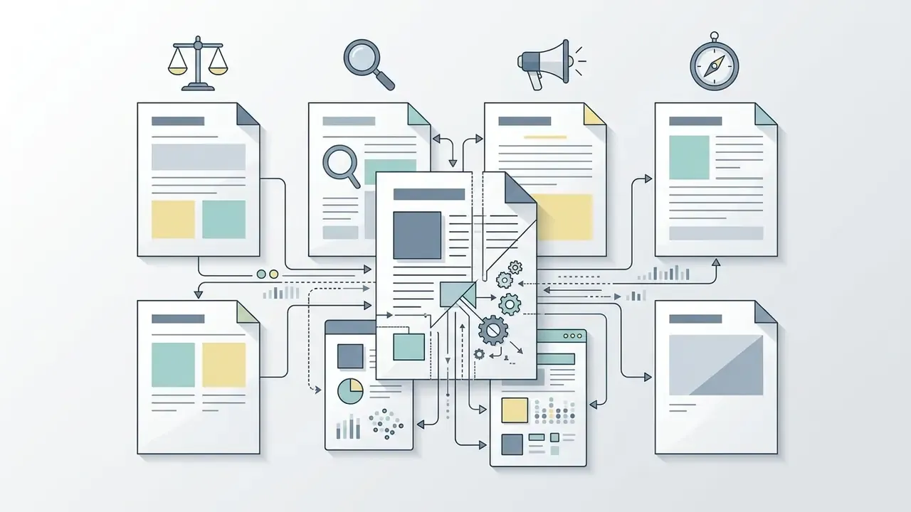 Document icons connected by lines to a central page with gears representing analytical processing steps