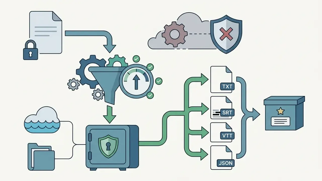 Data flowing from a locked document through a processing funnel into a secure vault and export formats