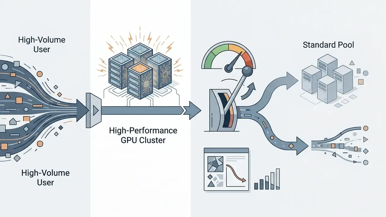 Data streams flowing from high-volume users through GPU clusters to a control lever and standard server pools