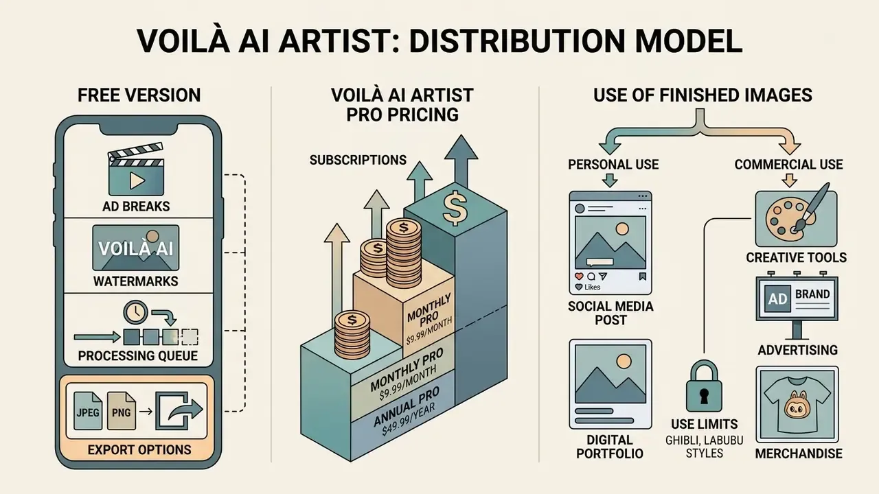 Infographic detailing the Voilà AI Artist freemium model, subscription tiers, and image usage rights