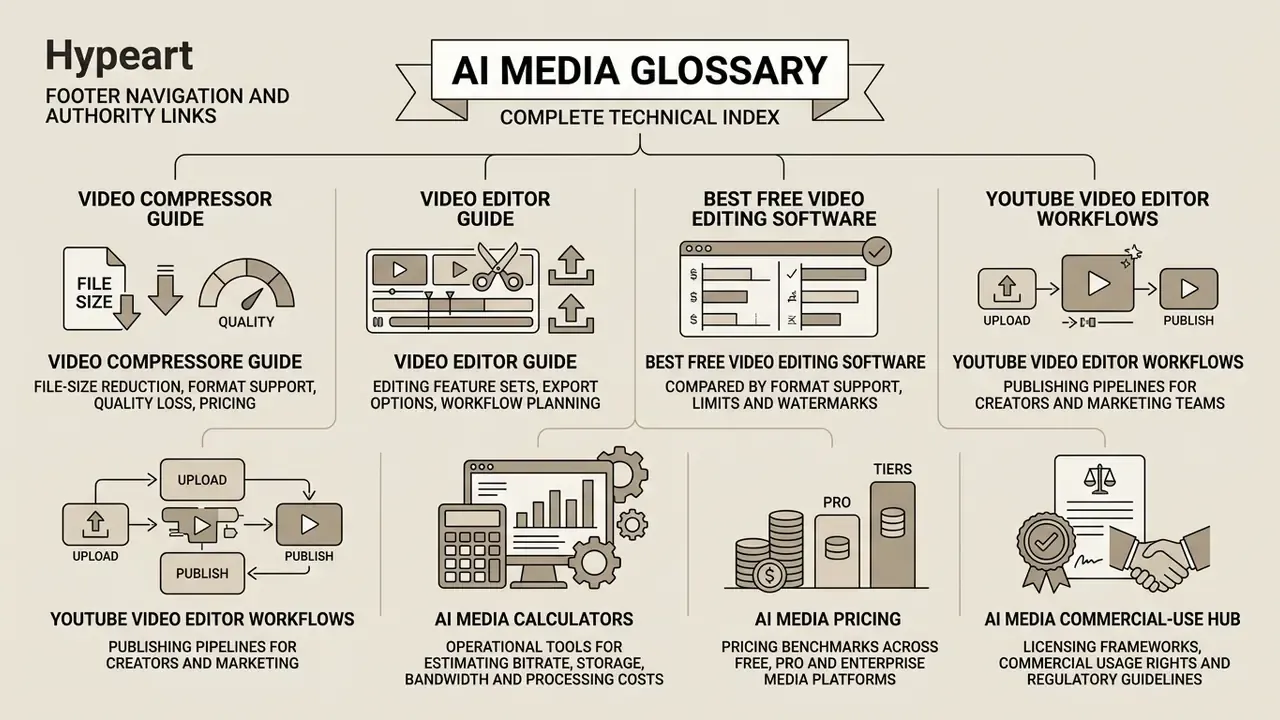 Categorized index of technical guides covering video compression, editing tools, workflows, and licensing