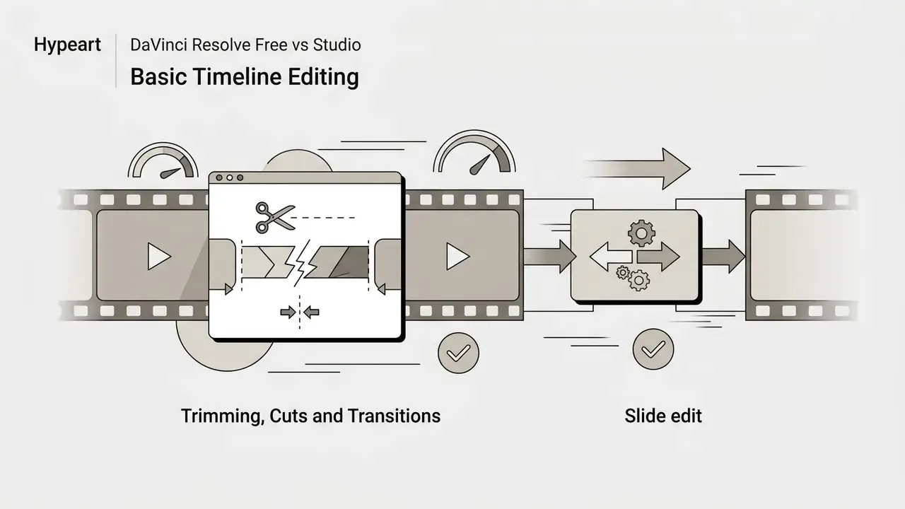 Video clips on a timeline with a gear icon and horizontal arrows indicating a slide edit adjustment