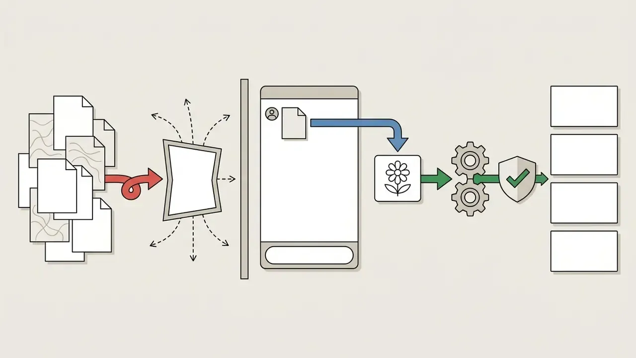 Diagram showing a cluttered document stack being filtered into a clean mobile interface for processing