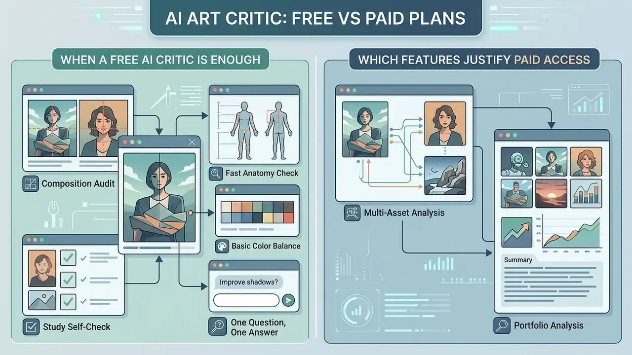 Comparison infographic detailing the specific capabilities of free versus paid art analysis tools