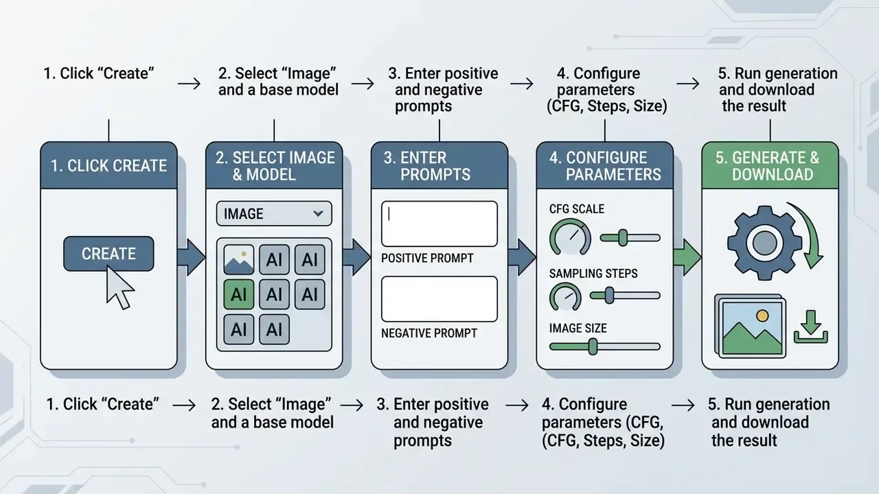 Five-step workflow diagram for creating an image using SeaArt AI