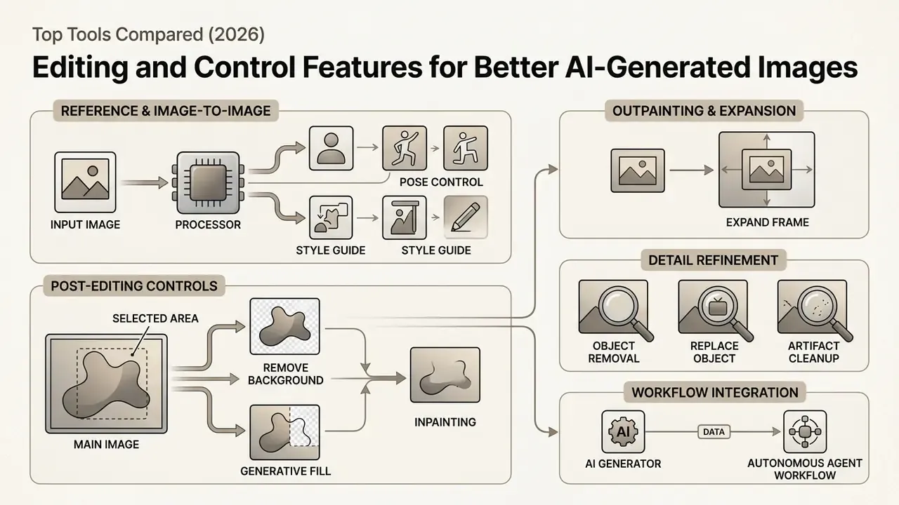 Diagram showing post-editing processes like generative fill, inpainting, and canvas expansion for AI images