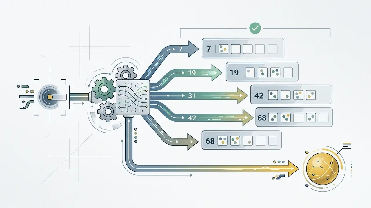 Central processor distributing numerical data into ticket slots and a separate golden sphere indicator