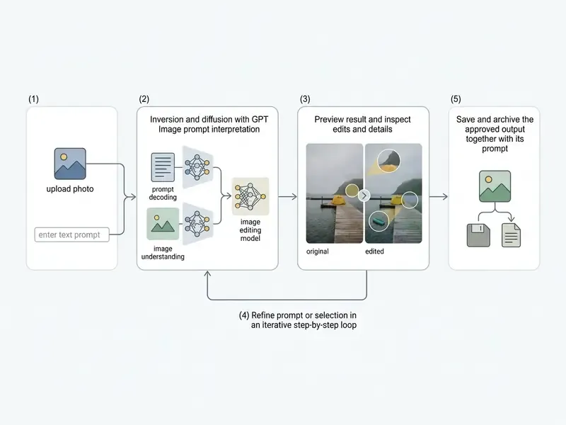 Five-step workflow diagram for the chatgpt photo editor showing image processing and iterative refinement