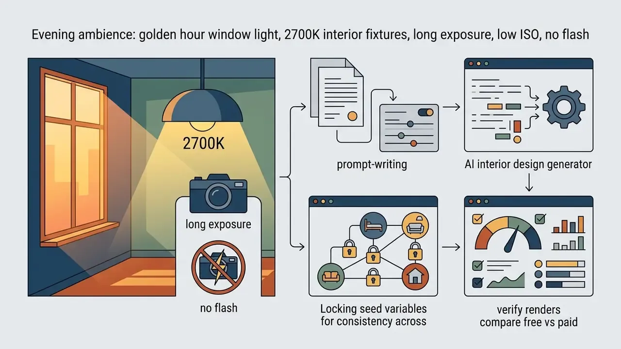 Diagram showing how camera settings and prompt variables influence software rendering and output verification