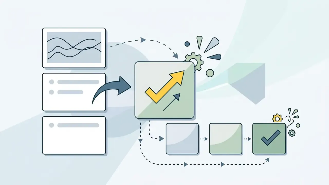 Data panels with wave charts and lists connecting through a central checkmark icon to a series of steps