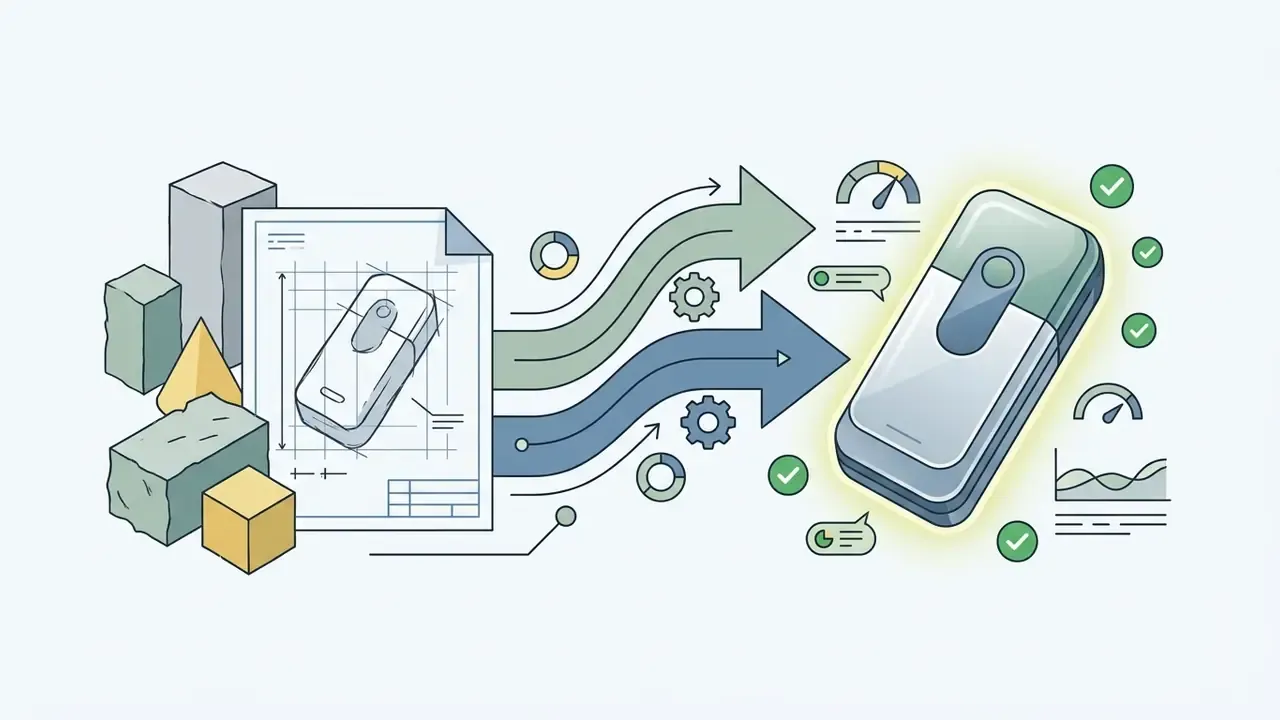 Technical blueprint of a product prototype transforming into a finished commercial asset with data icons