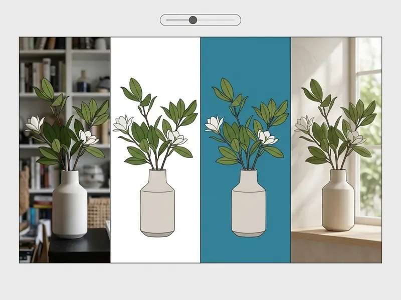 Interactive slider showing a flower vase against a cluttered bookshelf, white, blue, and window backgrounds