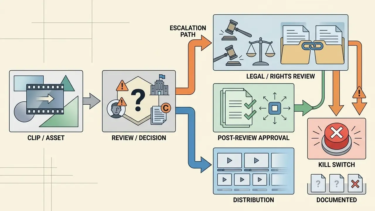 Workflow showing asset review leading to legal escalation, approval, distribution, or a kill switch