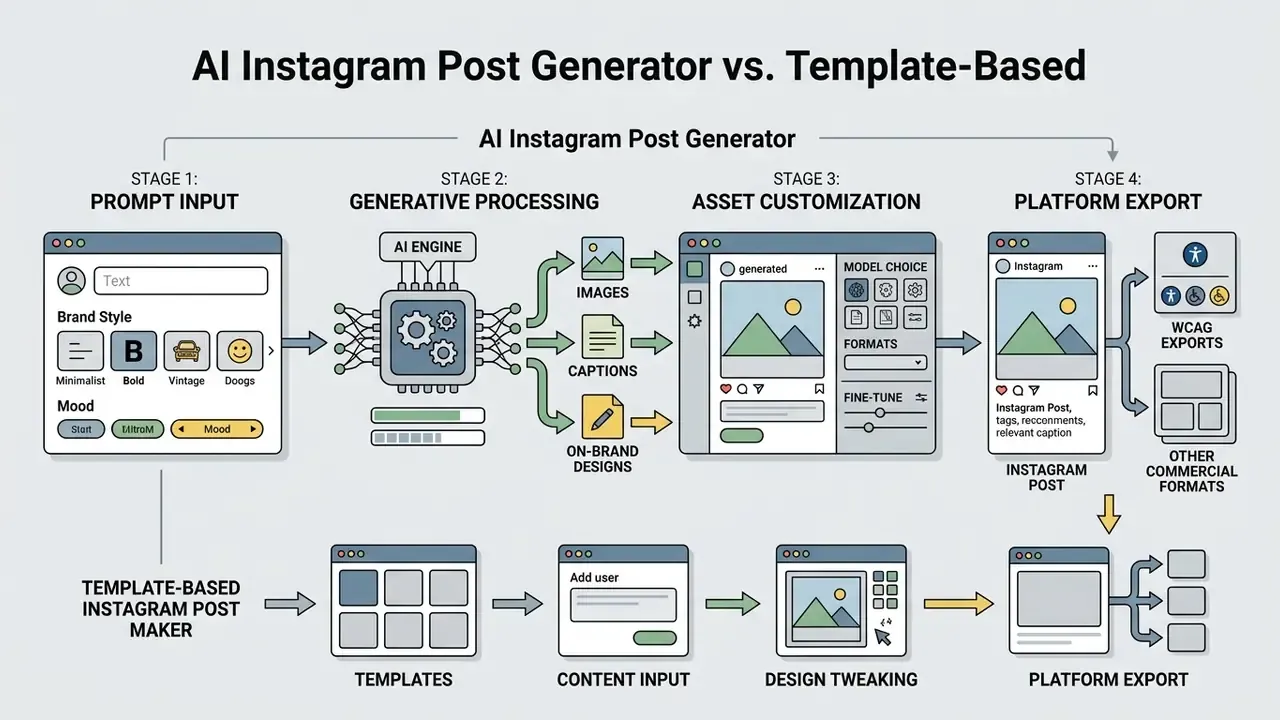 Diagram comparing a four-stage AI content pipeline against a manual template-based design workflow