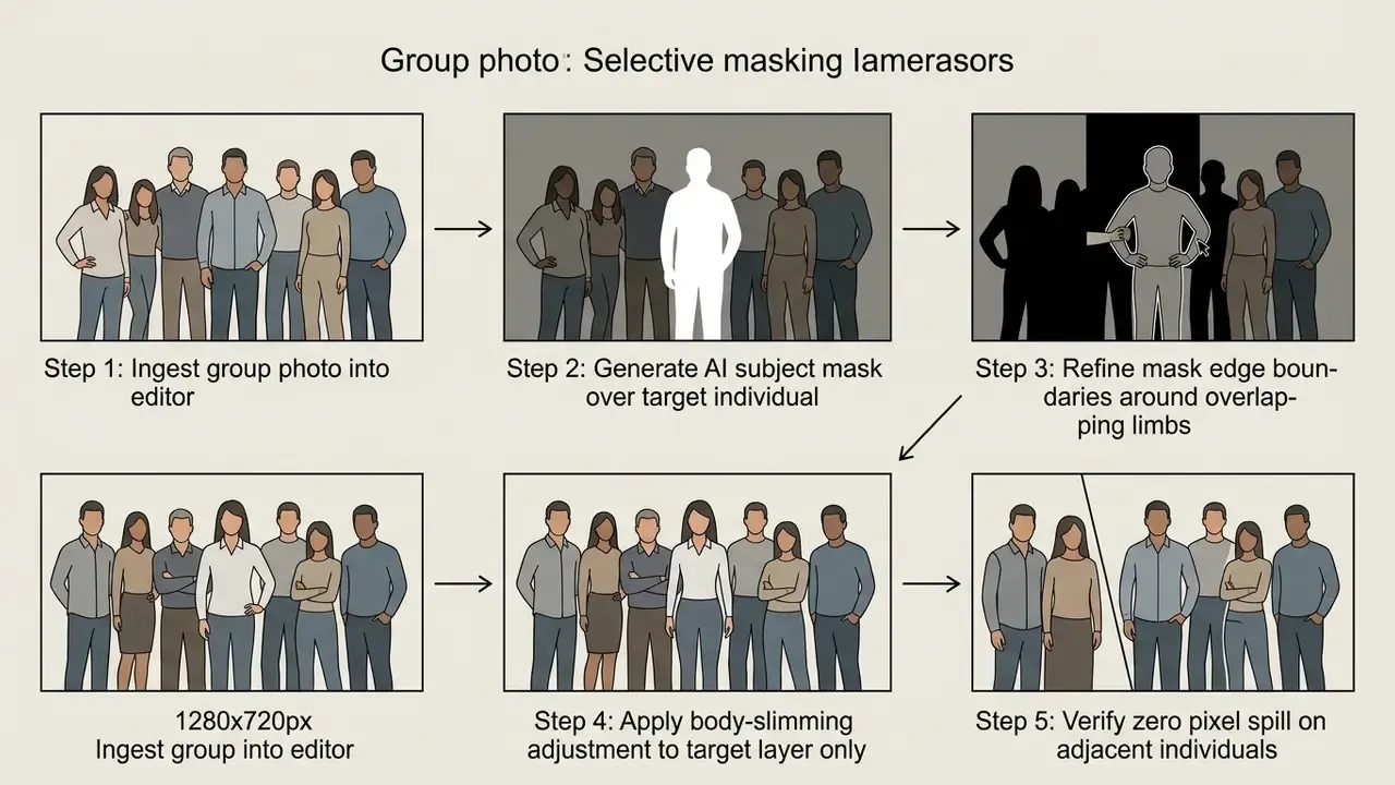 Five-step sequence showing AI selective masking and body slimming of one person in a group photo