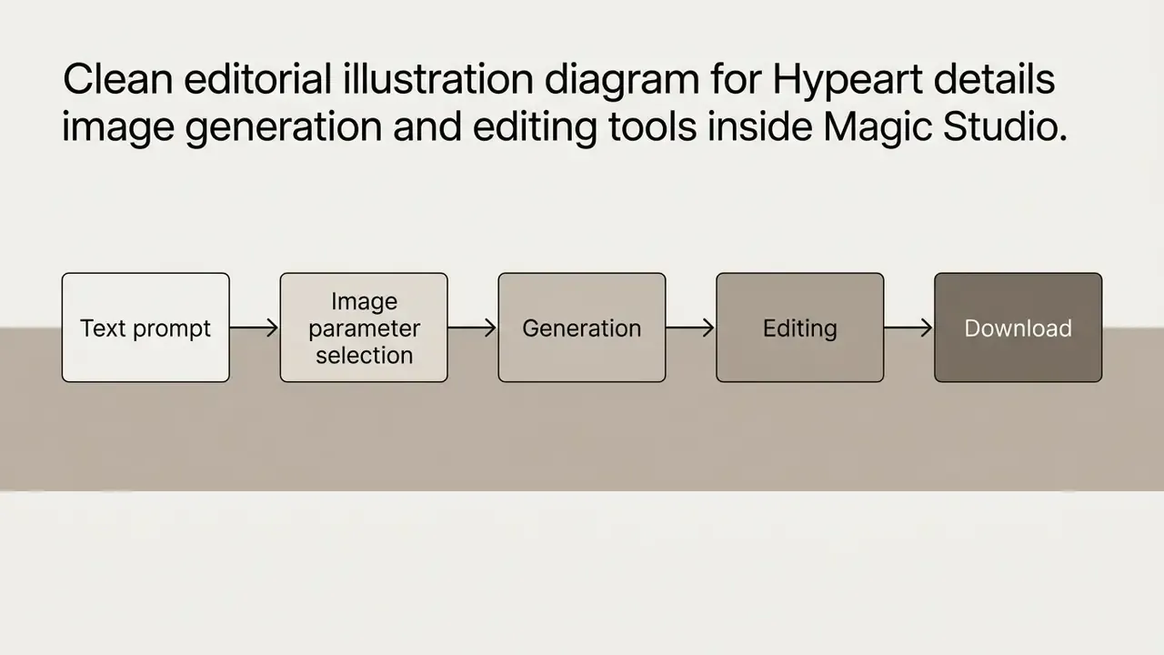 Step by step linear diagram showing text prompt to download workflow for creative design tools