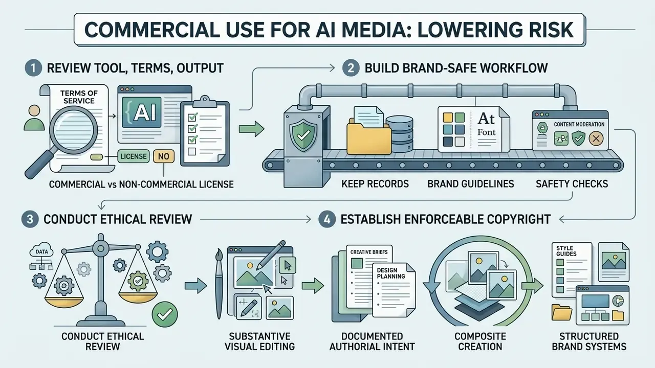 Four steps for Commercial Use for AI Media including reviewing terms, building workflows, and establishing copyright