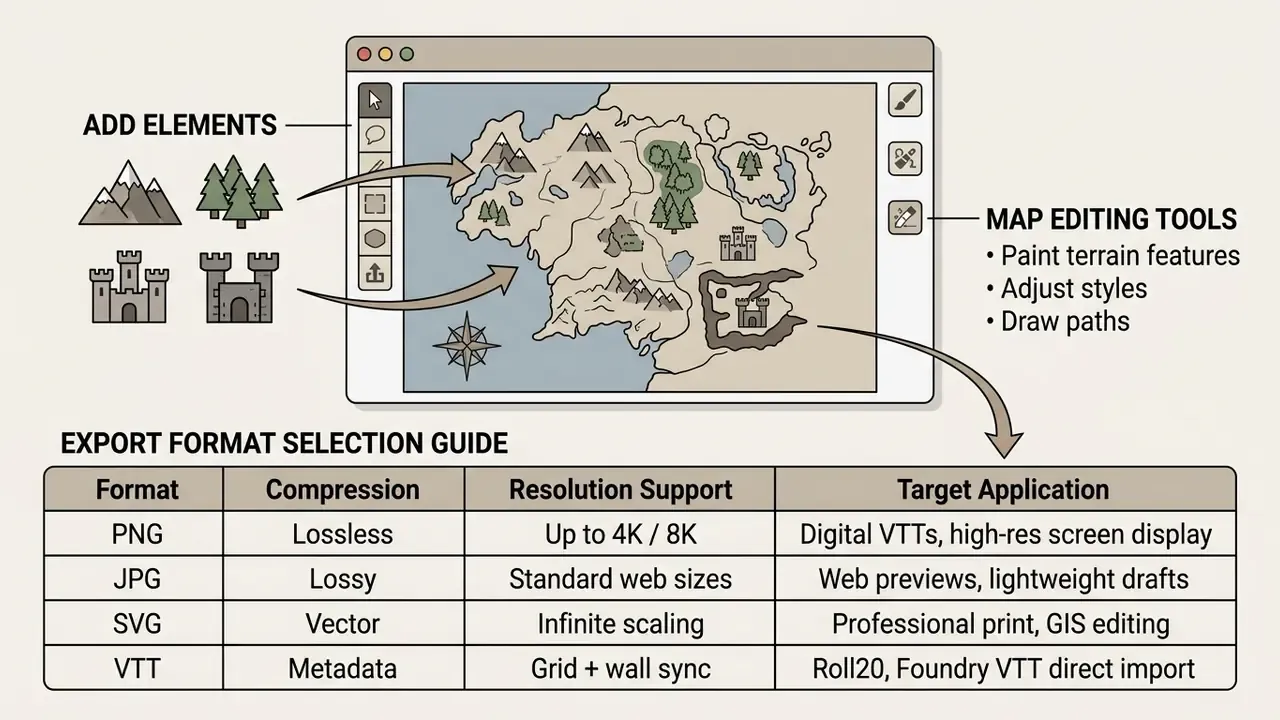 Map editor interface showing element placement tools above a table comparing file export formats