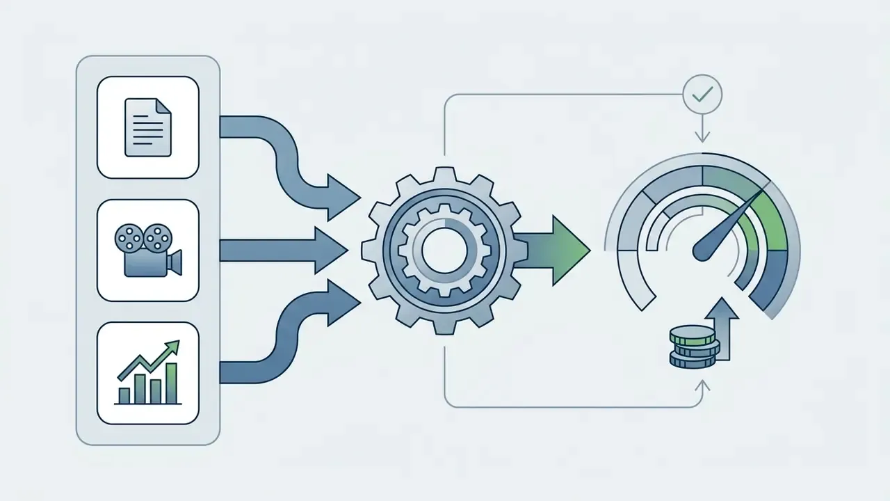 Text, media, and analytics inputs feeding through a central gear into a performance gauge with coin stacks
