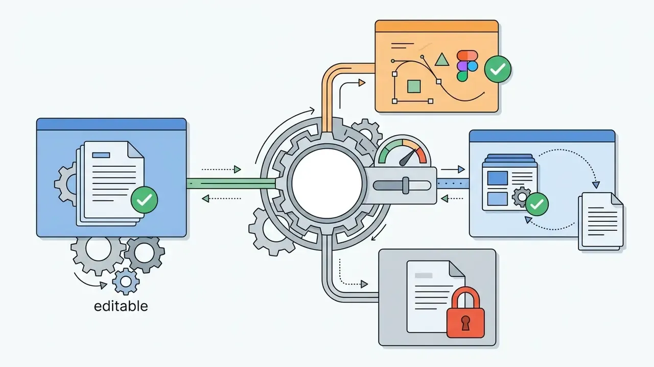 Gear mechanism routing document inputs into editable vector files, slide decks, or locked PDF outputs