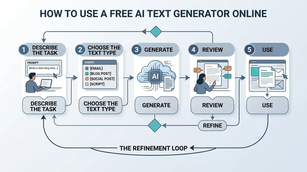 Step-by-step workflow diagram showing the process of using a free AI text generator online