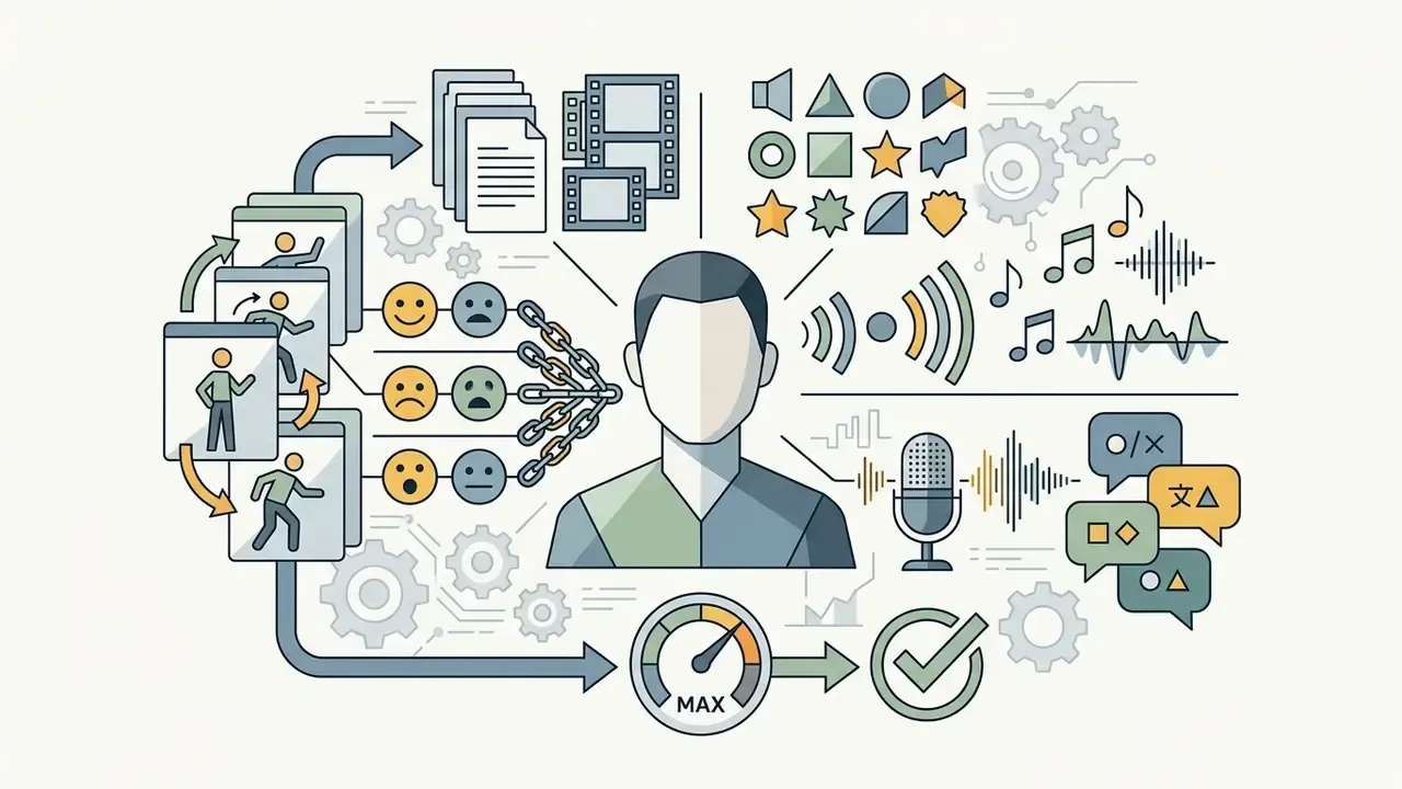 Central character surrounded by icons for facial expressions, movements, audio, and language assets