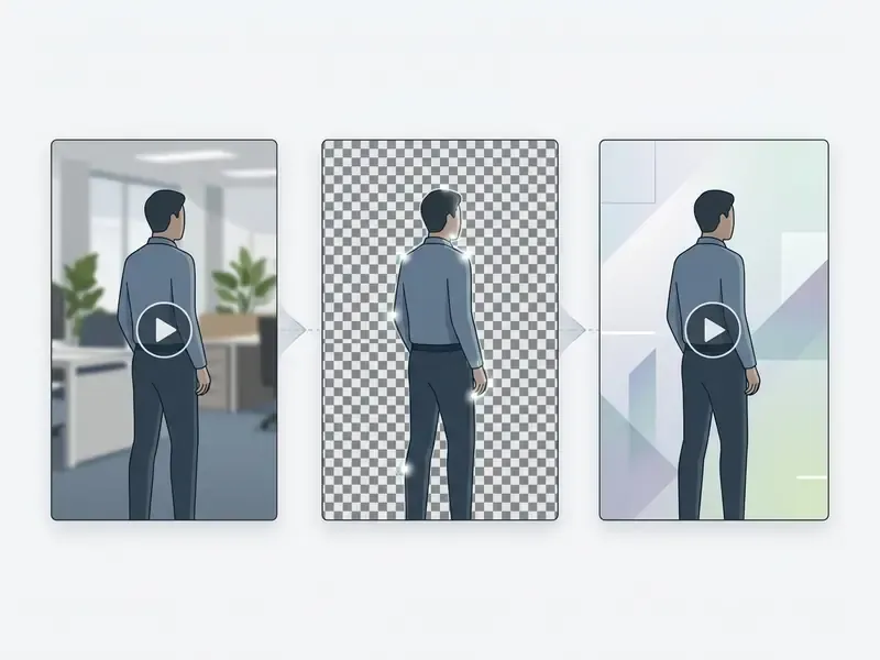 Interactive slider showing a subject transitioning from an office background to transparency and a new scene