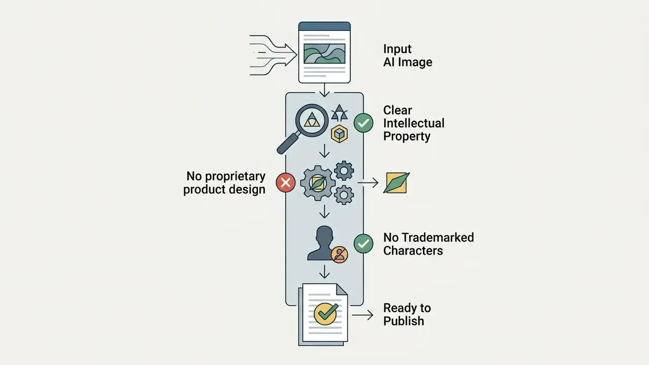 Diagram showing a multi-step verification process to clear intellectual property from generated assets