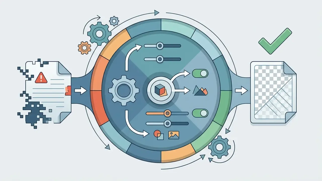 Circular control panel with sliders and toggles adjusting video export settings for clean output