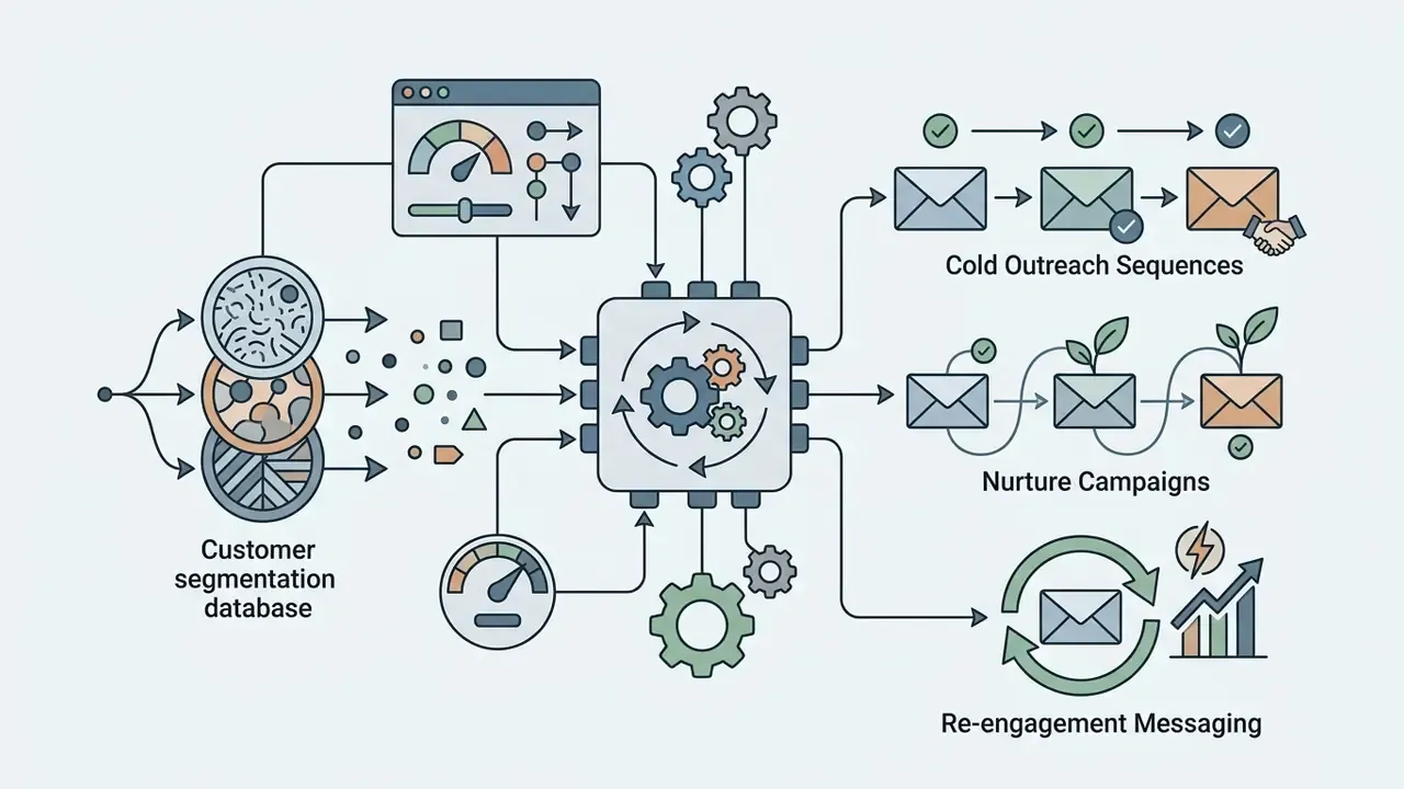 Central gear processor converting customer data into cold outreach, nurture, and re-engagement campaigns