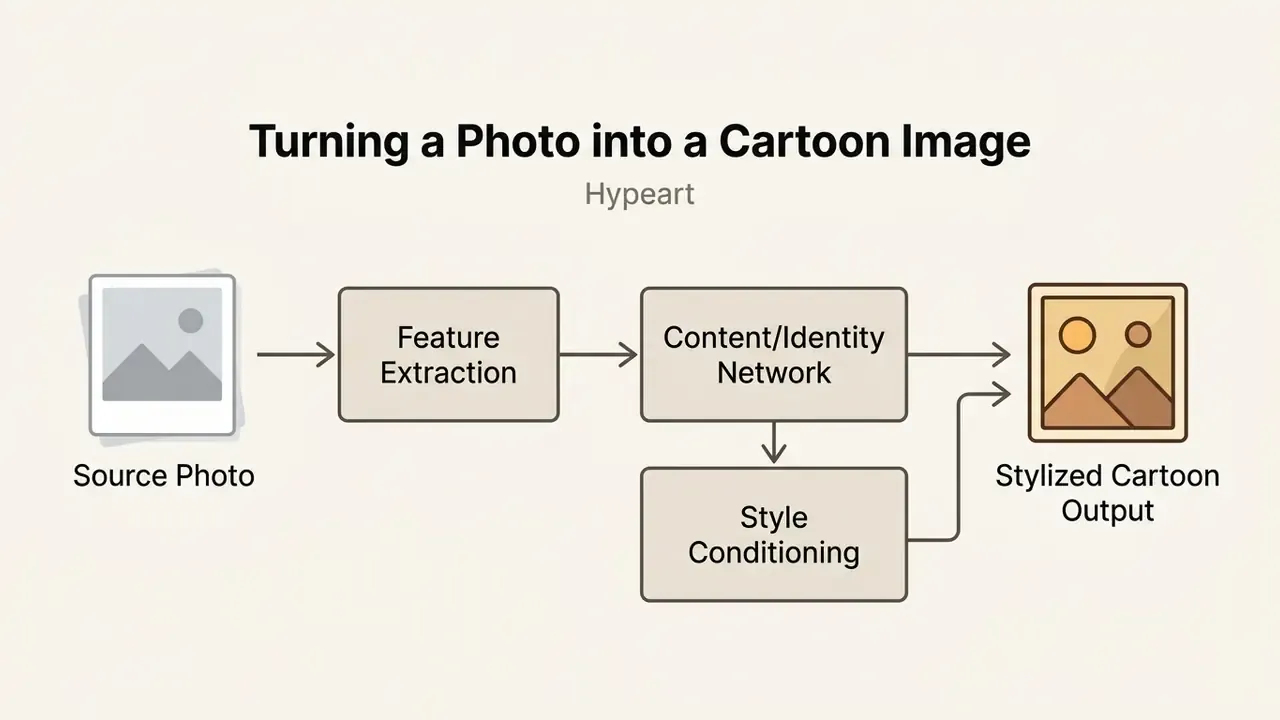 Process flow diagram showing feature extraction and style conditioning stages for a cartoon generator