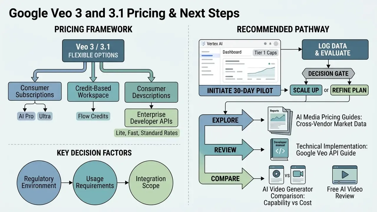 Diagram detailing Google Veo AI video generator pricing models, pilot pathways, and key decision factors
