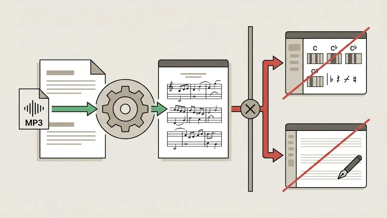 Audio file processing into musical notation contrasted with excluded chord detection and editing tools