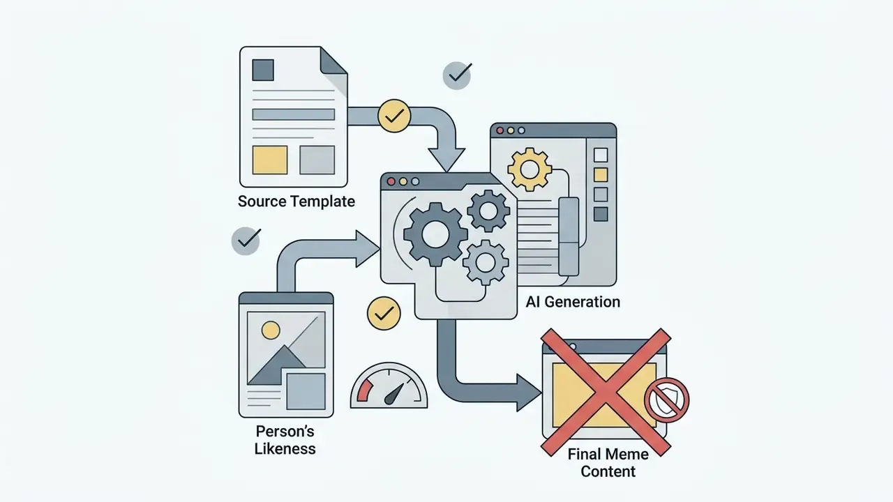 Process showing source templates and person likeness feeding into AI generation for final meme content