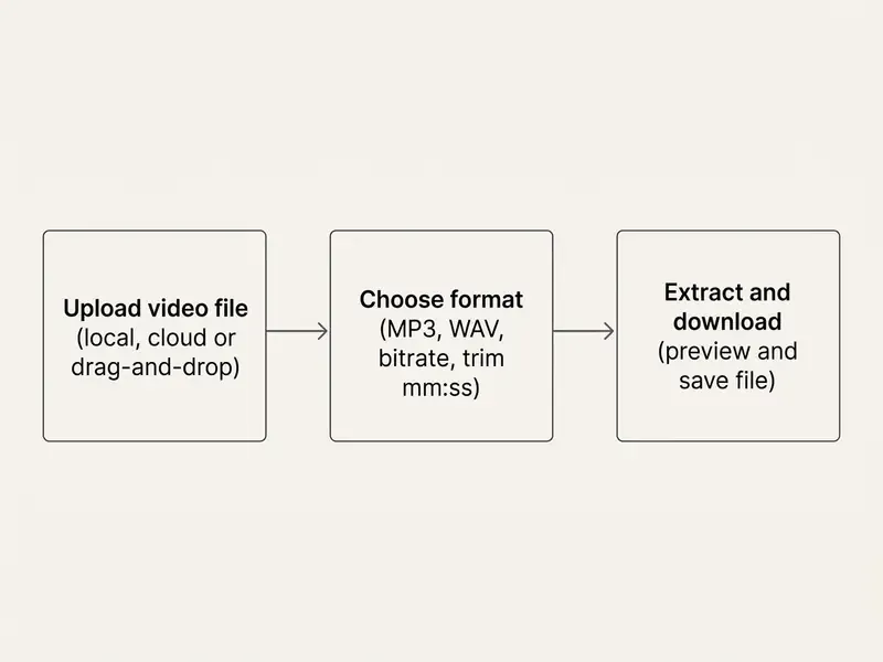 Flowchart displaying the steps to upload a video, select audio settings, and download the final file