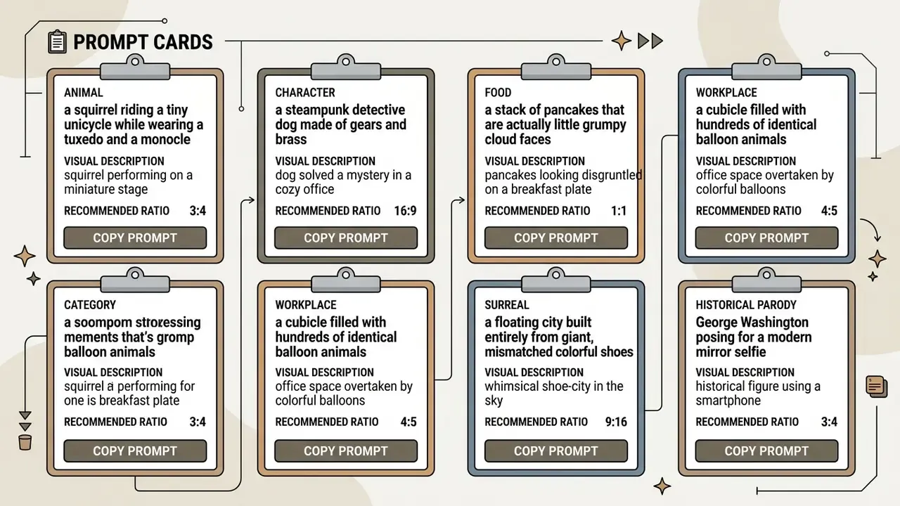 Grid of clipboard cards displaying various creative AI text prompts with categories and aspect ratios
