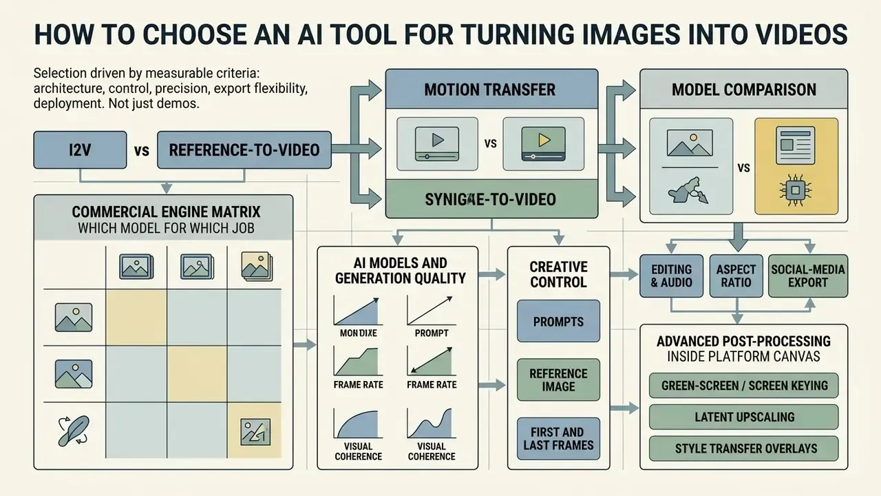 Flowchart comparing commercial engines, creative controls, and post-processing features for video generation