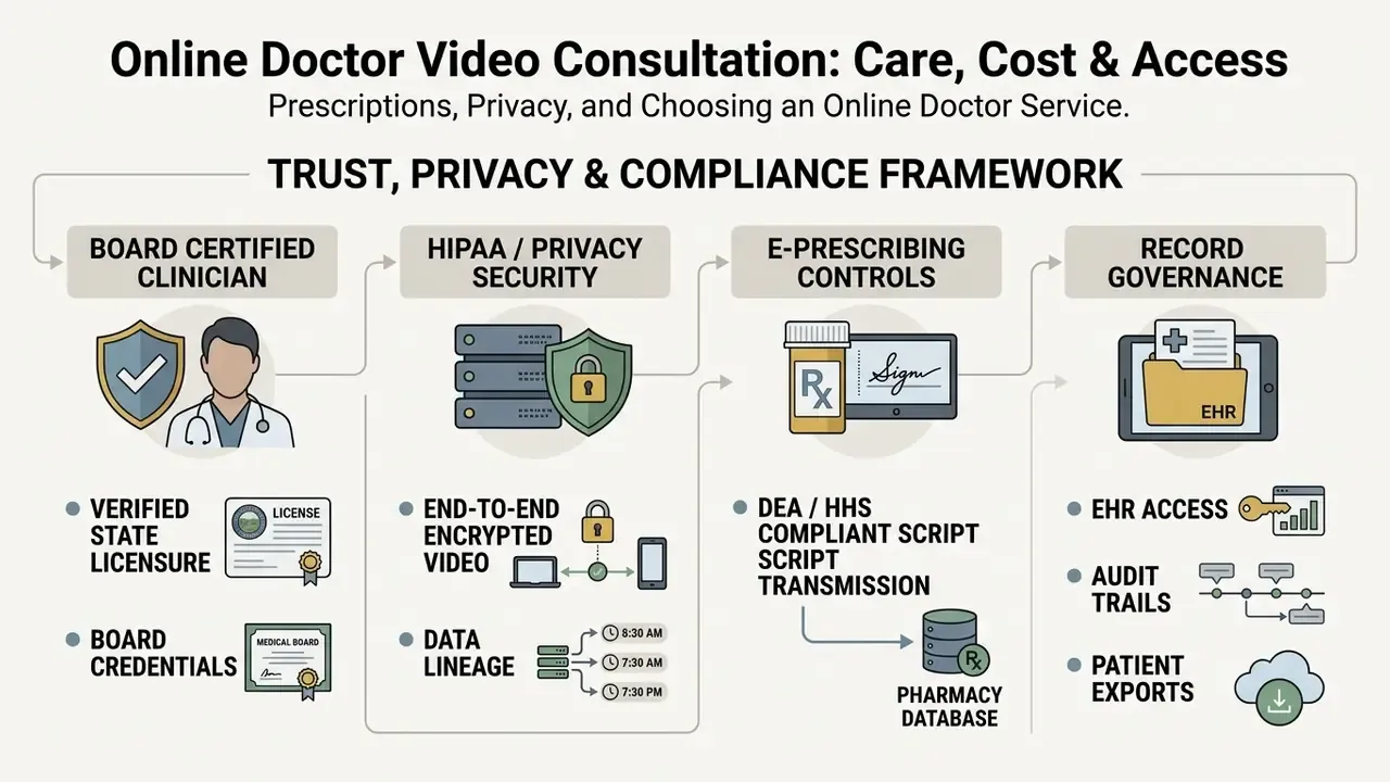 Flowchart detailing the trust, privacy, and compliance framework for an online doctor video consultation