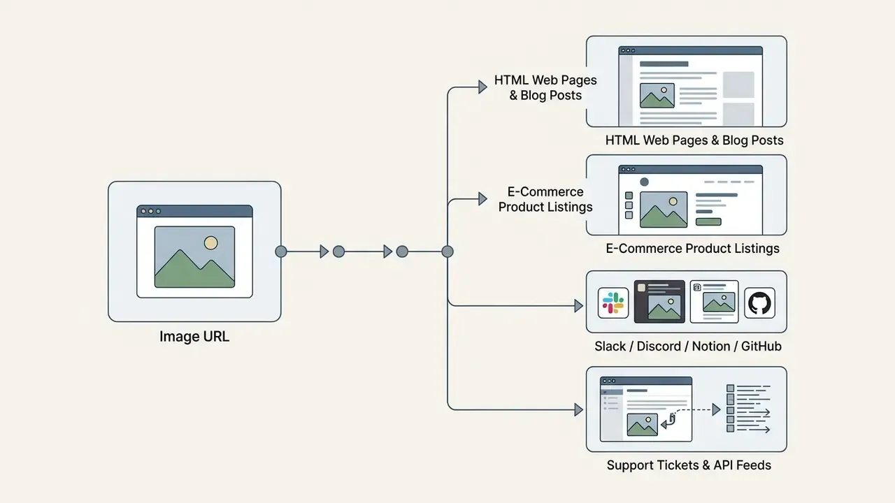 Diagram showing an image URL branching out to web pages, product listings, messaging apps, and API feeds