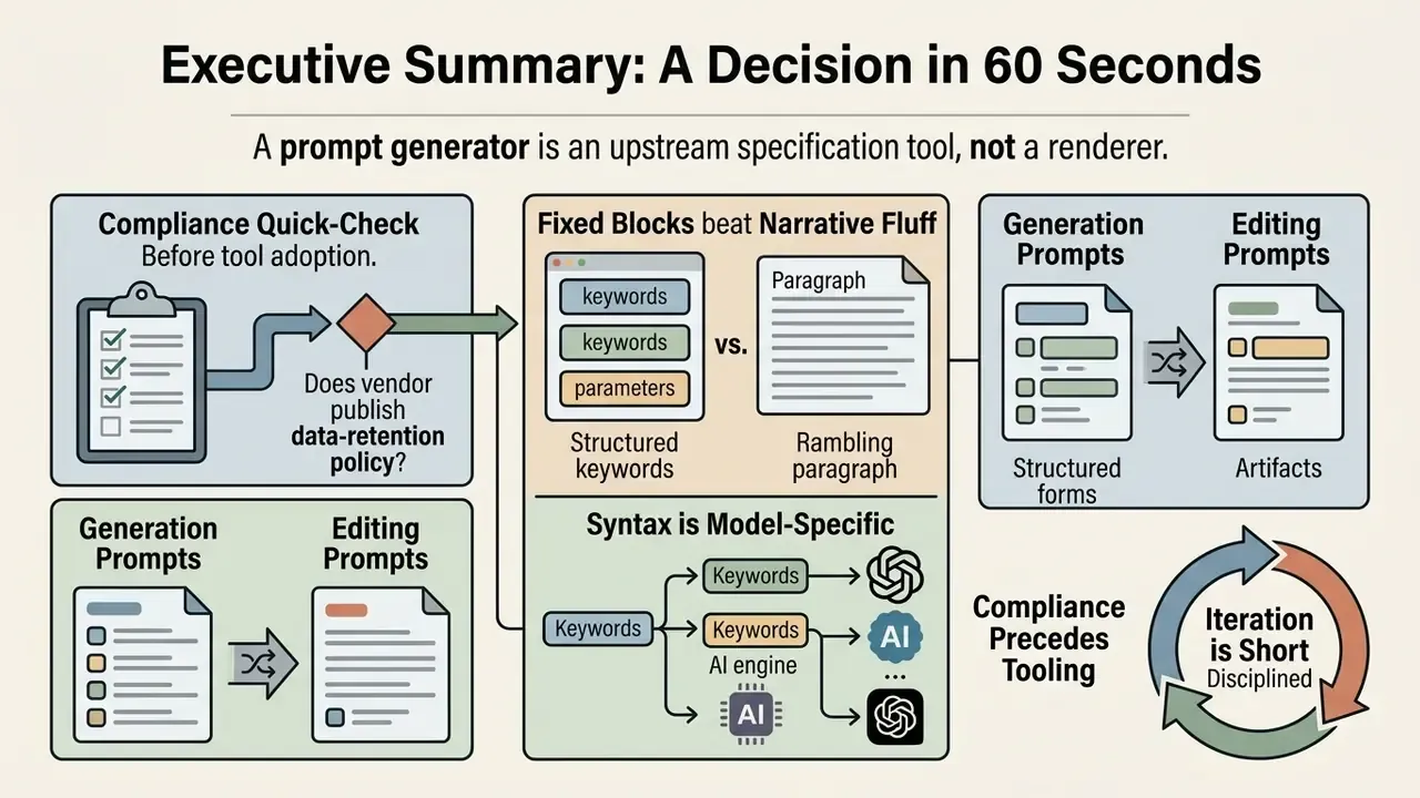 Flowchart comparing structured AI image prompt generator blocks against narrative text and model syntax