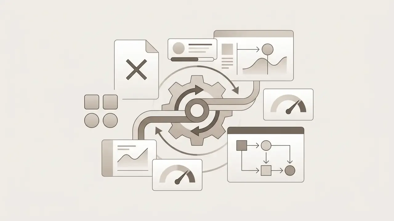 Gears connected to data documents, performance gauges, and process flow charts for AI prompt refinement