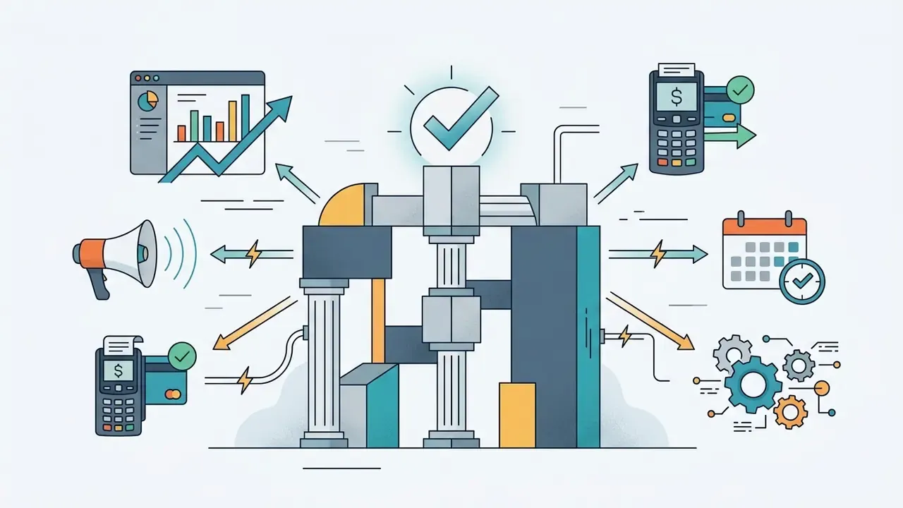 Central structure connected to icons for analytics, marketing, payments, bookings, and custom API gears