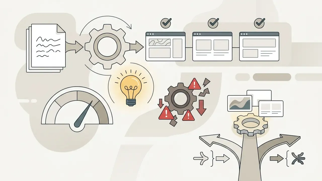 Icons showing document processing, successful slide creation, performance metrics, and potential errors