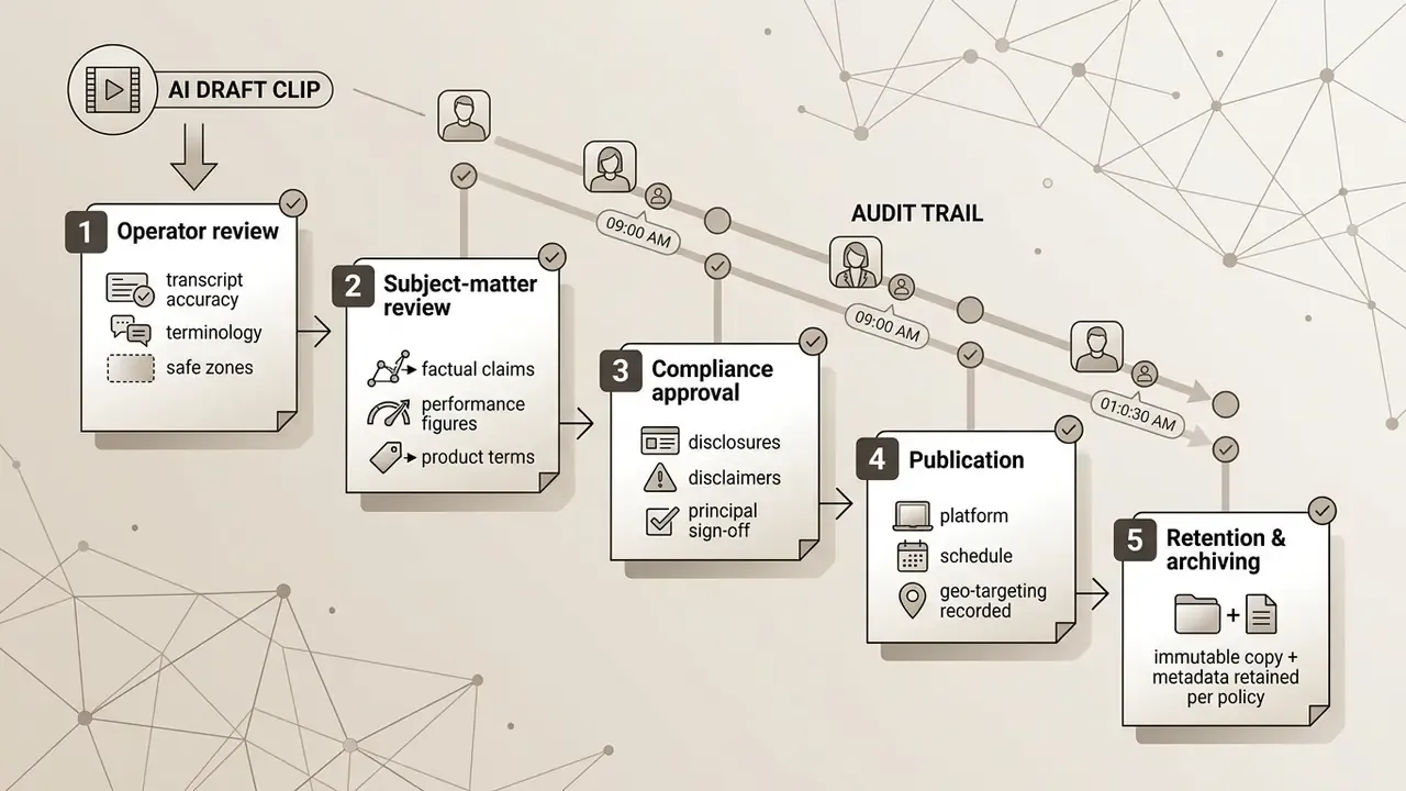 Five-step sequence showing content review and approval stages with a parallel digital audit trail