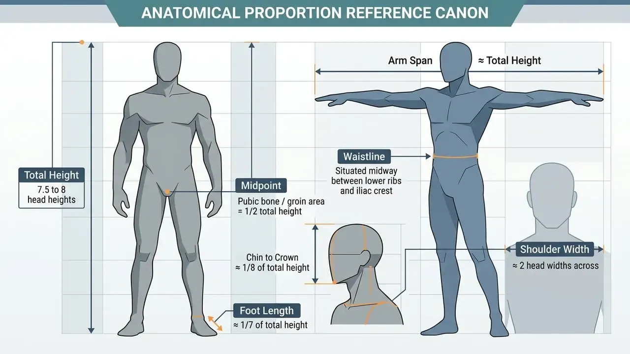 Diagram showing human body proportions with measurements for height, arm span, waist, and shoulder width