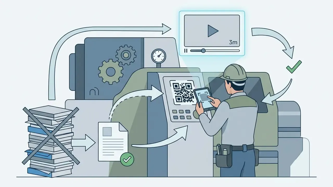 Technician scanning a QR code on industrial machinery to access a digital safety video on a tablet