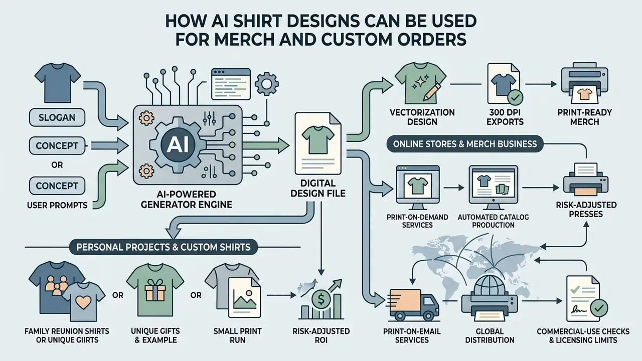 Diagram showing how digital graphics flow from an AI engine into personal projects or commercial businesses
