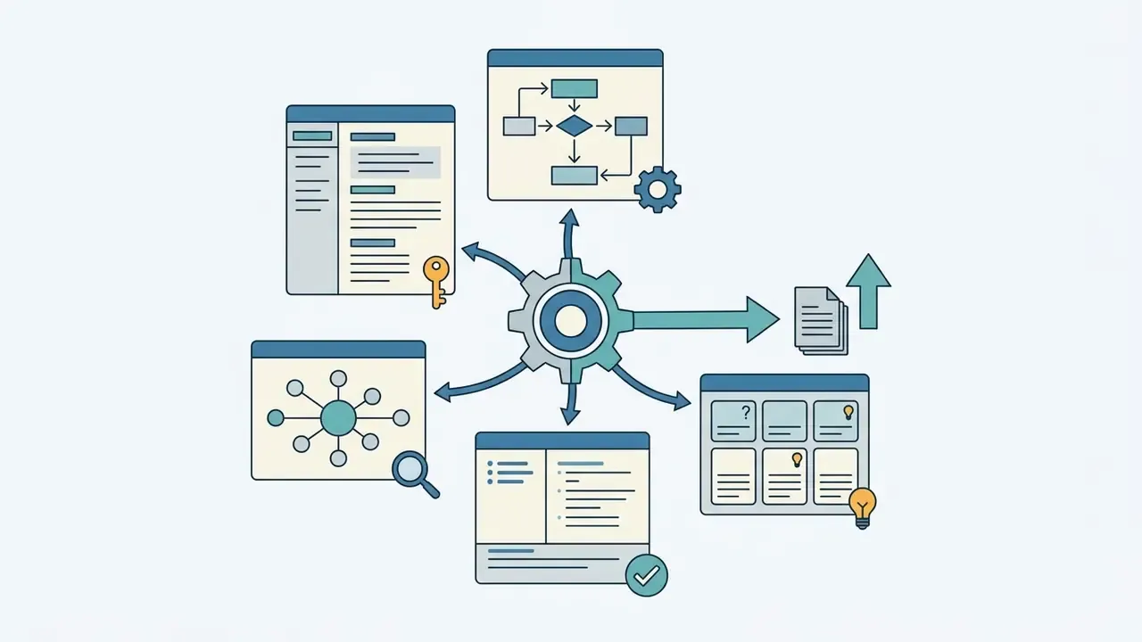 Central gear icon connecting to various document templates and study layouts for export