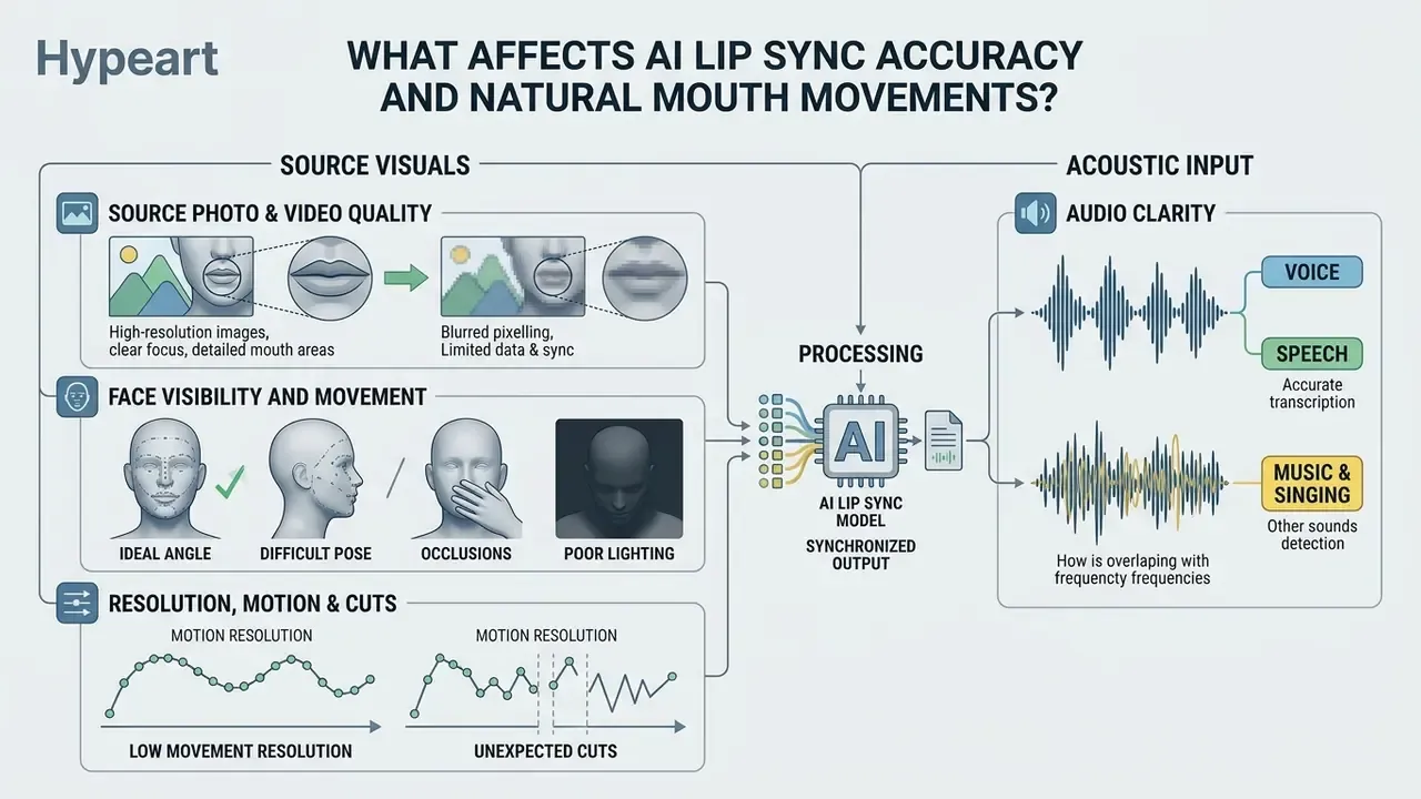 Diagram detailing how visual resolution, facial angles, and audio clarity impact animation quality